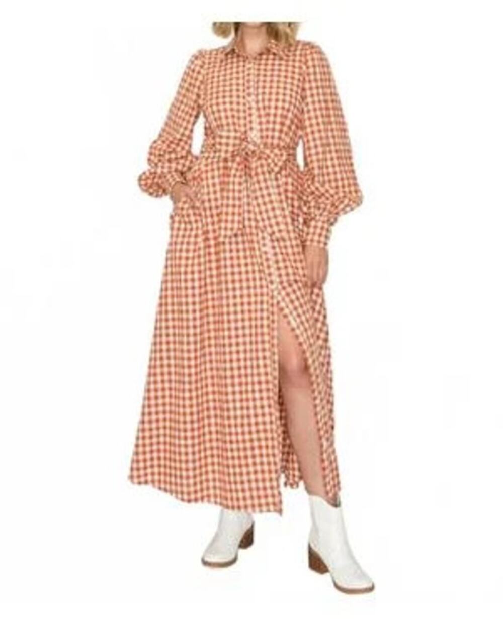 Love Wednesday Gingham Daydream Maxi Shirt Dress Belted Orange Size L